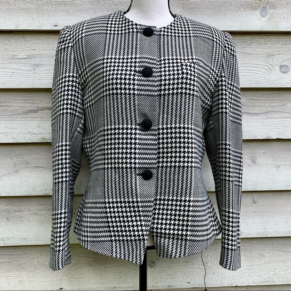 Vintage 80s Wool Blend Plaid Houndstooth Button Up Long Sleeve Collarless Blazer